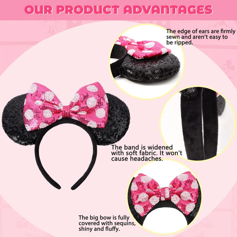 ETLUK Mouse Ears Headband, Mouse Ears Sequin Bow Headbands for Women Girls, Cosplay Accessories Party Decorations (Pink) - Image 5
